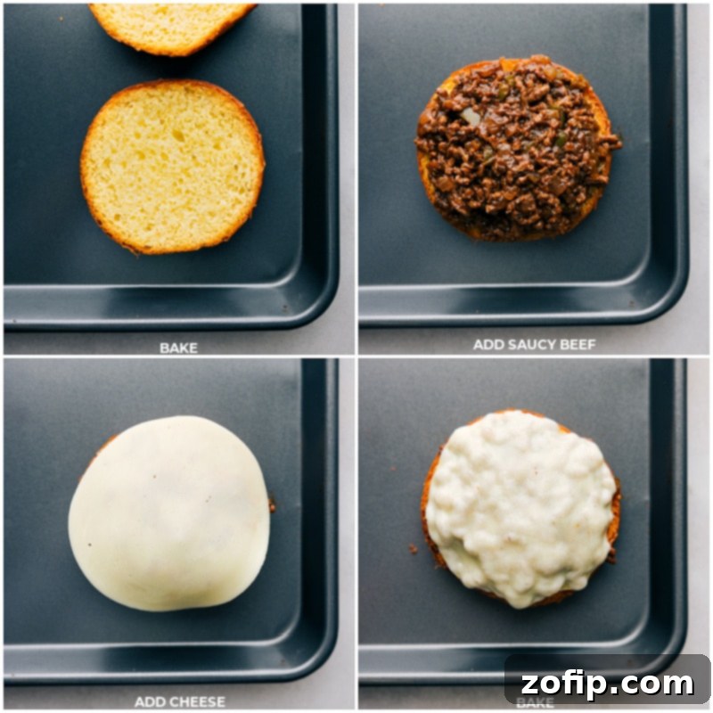 Process shots of Philly Cheesesteak Sloppy Joes: The savory beef and melted provolone cheese are piled onto toasted brioche buns, ready for the final bake.
