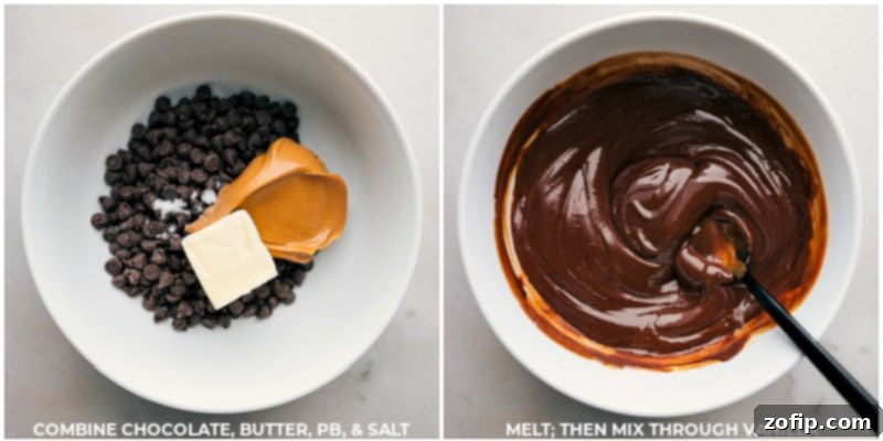 A bowl filled with melted chocolate chips, creamy peanut butter, unsalted butter, and vanilla extract, ready to be mixed into a smooth coating.