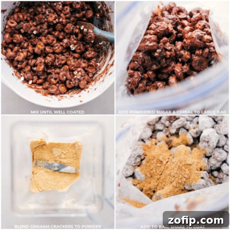 Powdered sugar and finely ground graham cracker crumbs being added to the chocolate-coated cereal in a large bag for these S'mores Muddy Buddies.