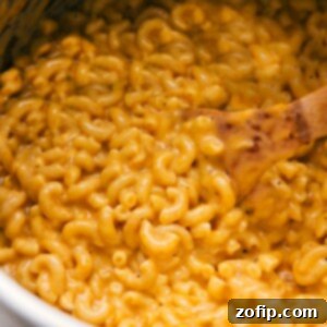 A close-up of the finished Instant Pot Mac and Cheese, showcasing its rich, golden-brown cheese topping and creamy texture.