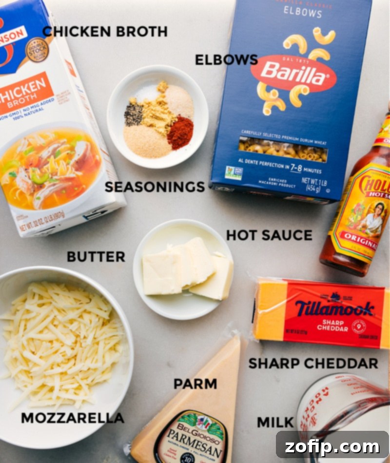 Process shots of the ingredients for Instant Pot Mac and Cheese laid out, including pasta, broth, butter, and various cheeses.