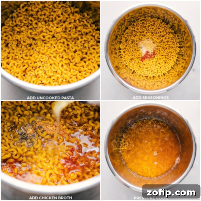 Process shots of Instant Pot Mac and Cheese: images of uncooked pasta, seasonings, and chicken broth being added to the Instant Pot, followed by a pressure cooking shot.