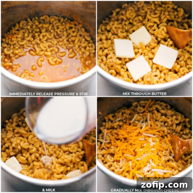 Process shots showing butter, milk, and various cheeses being mixed through the freshly cooked mac and cheese in the Instant Pot.