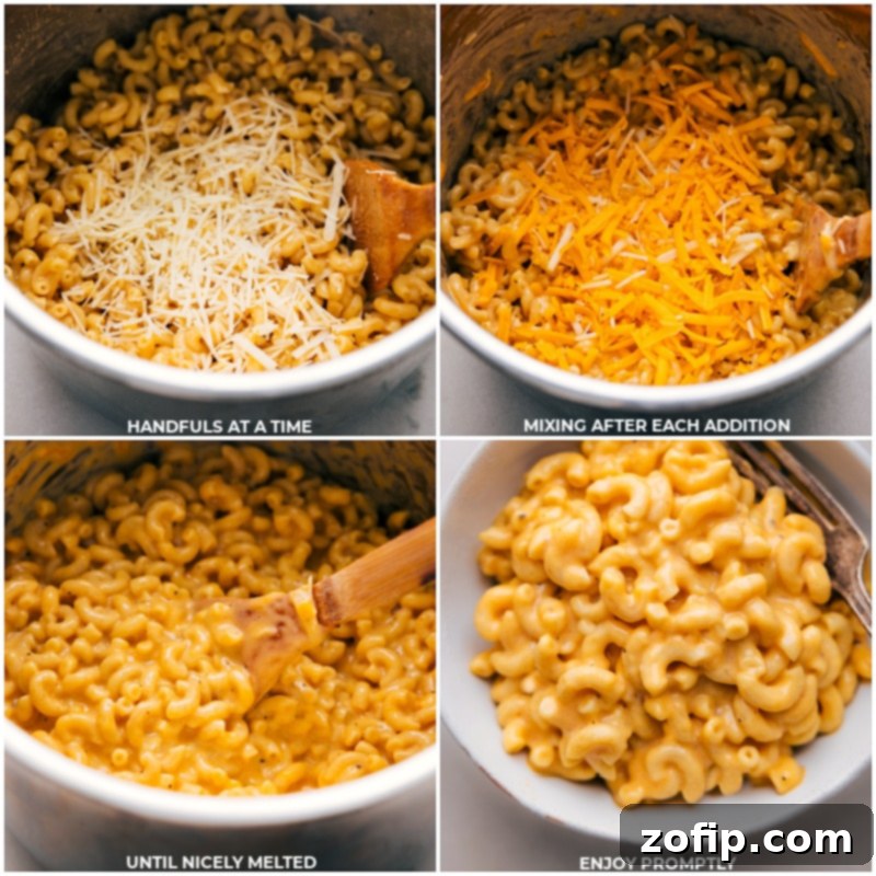 Process shots of instant pot Mac and cheese showing the cheese being added and the final dish ready to be enjoyed.