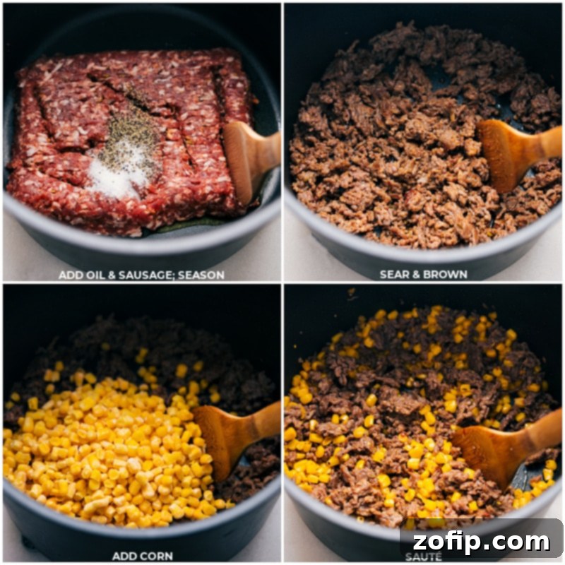 Process shot showing Italian sausage browning in a large nonstick pot, with sweet frozen corn being stirred in to combine the initial flavors.