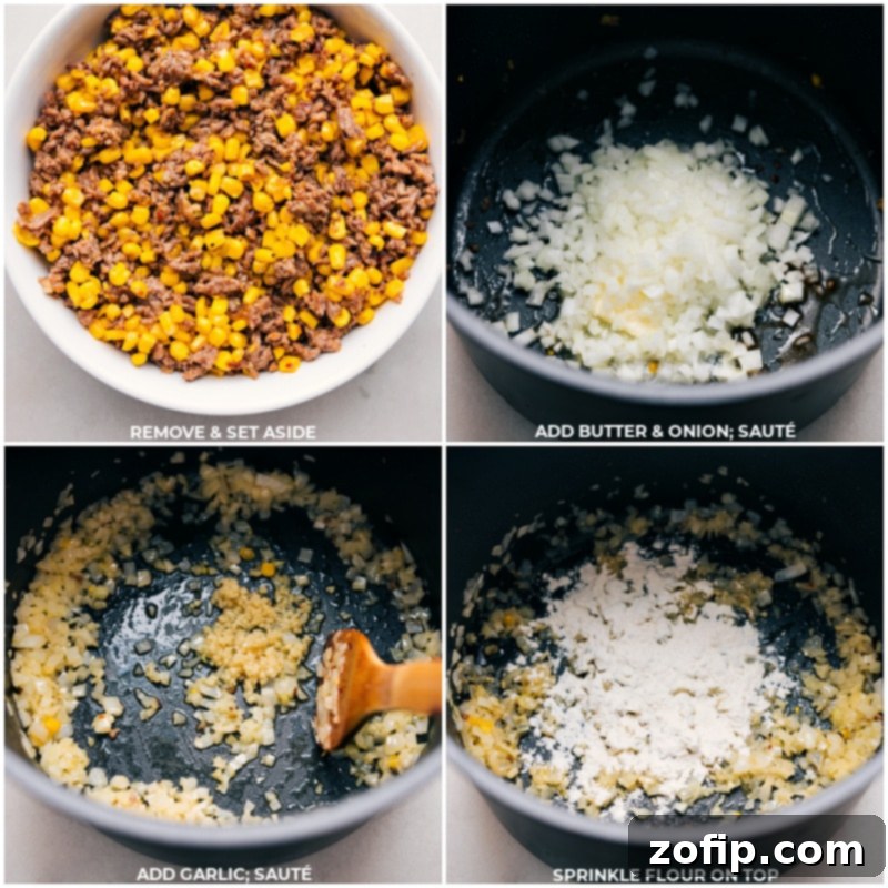 Process shot showing aromatic ingredients like onions and garlic being sautéed in the pot after the sausage has been removed, creating a flavorful base for the creamy sauce.