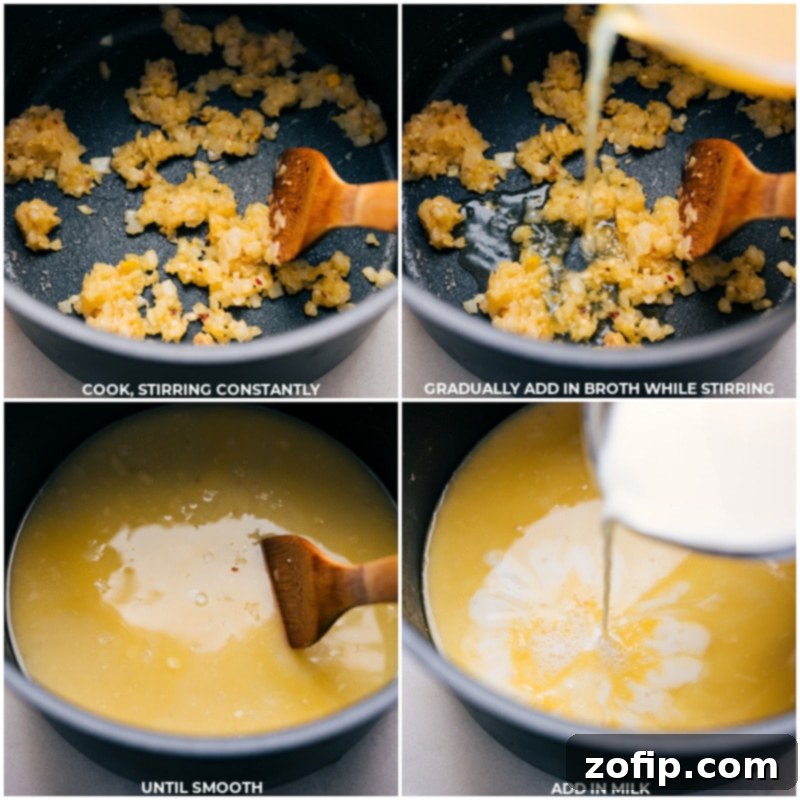 Process shot showing liquids like chicken broth and whole milk being added to the sautéed aromatics and flour in the pot, beginning the formation of the creamy sauce.