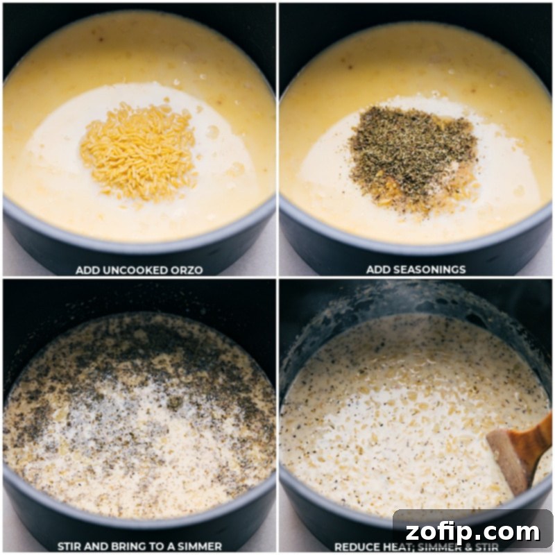 Process shot showing dry orzo pasta and various seasonings, including Italian seasoning, onion powder, and garlic powder, being added to the creamy sauce base in the pot.
