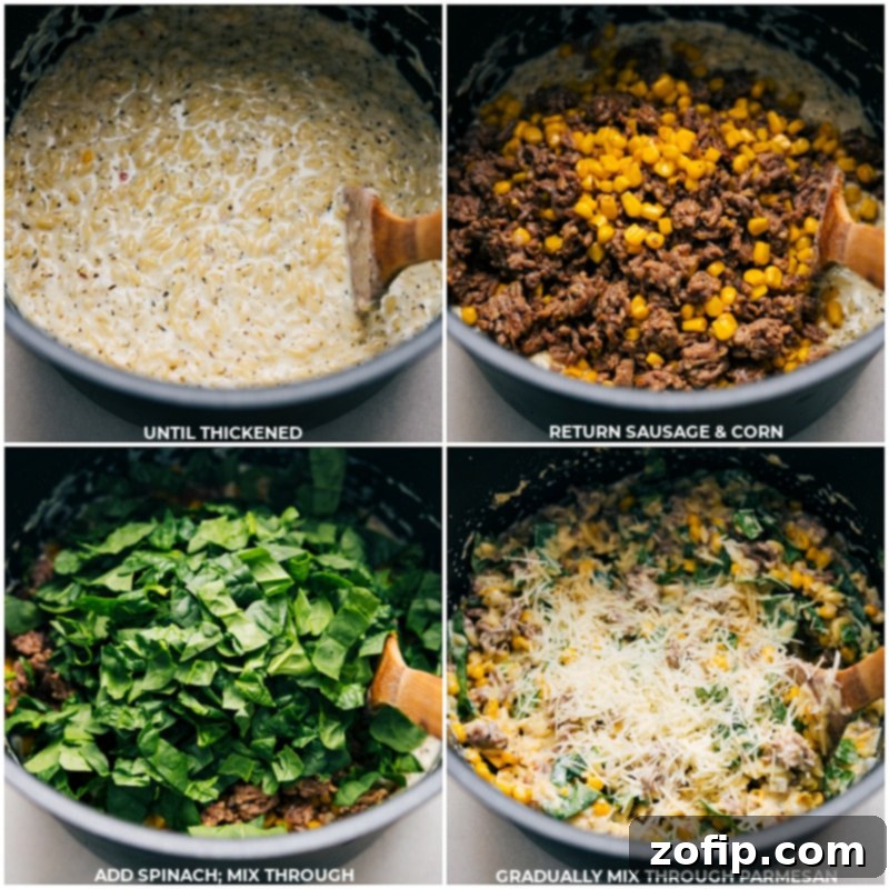Process shot showing the browned Italian sausage and corn mixture being returned to the pot, along with fresh baby spinach and Parmesan cheese, to finish the creamy orzo dish.