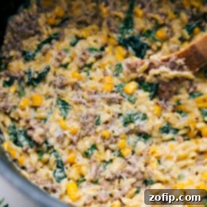 Sausage, Corn, and Spinach Orzo served in a bowl