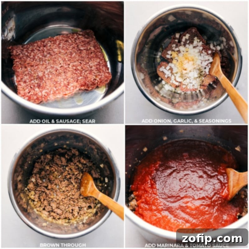 Process shots showing Instant Pot Spaghetti preparation: browning sausage, adding onions, garlic, seasonings, marinara, and tomato sauce