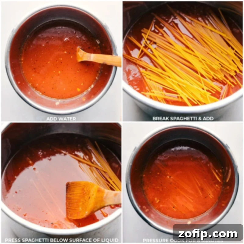 Instant Pot Spaghetti process: adding spaghetti in a criss-cross pattern and sealing the pot for pressure cooking