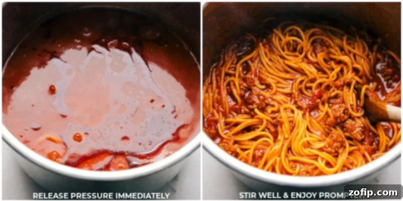 Process shots of Instant Pot Spaghetti: pressure being released from the Instant Pot and the spaghetti being stirred together