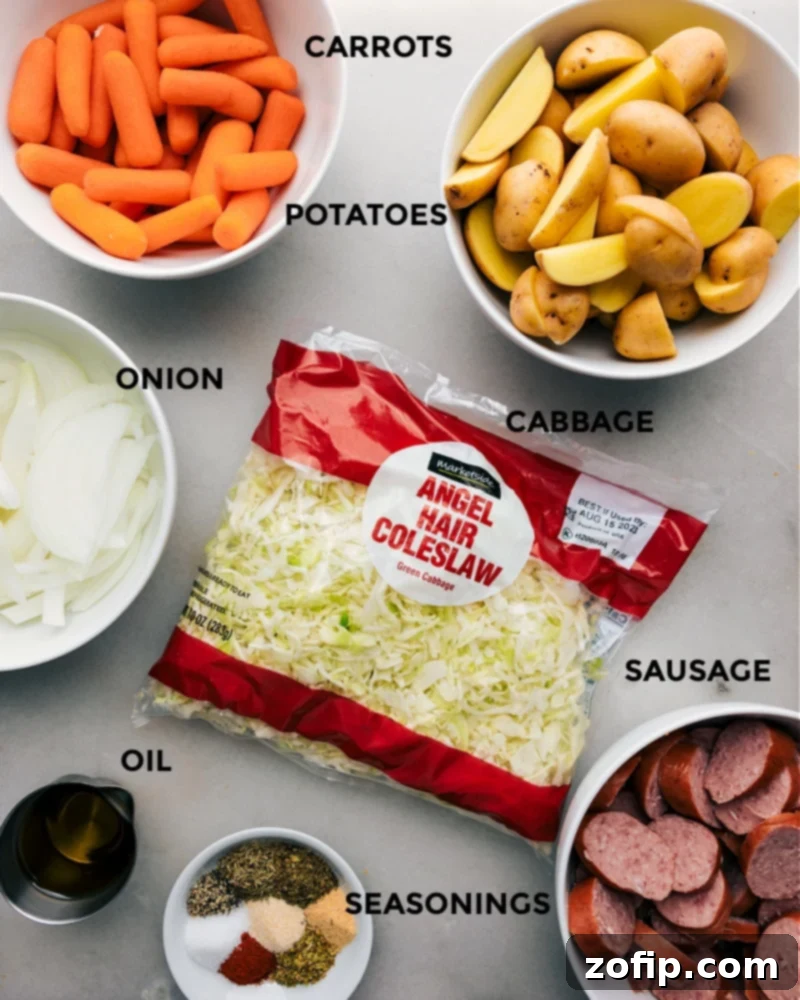 Gather your fresh ingredients for this hearty Cabbage, Potatoes, and Sausage dish – a simple yet flavorful combination for a healthy one-pan meal. A collage showing all the fresh ingredients laid out for Cabbage, Potatoes, and Sausage recipe before cooking.
