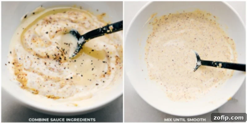 The creamy Dijonaise sauce is a game-changer for this Cabbage, Potatoes, and Sausage recipe, adding a burst of flavor and a silky finish. Process shot of ingredients being combined to create the creamy Dijonaise sauce.