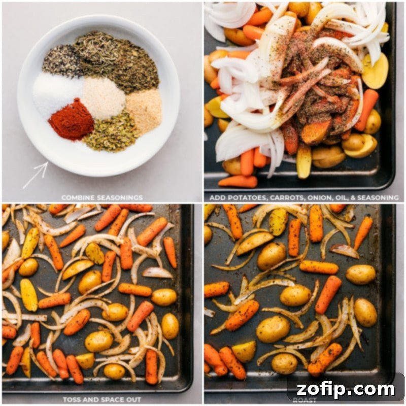 Potatoes, carrots, and onions are coated in olive oil and a savory spice blend, ready for roasting to perfection in this Cabbage, Potatoes, and Sausage recipe. Close-up process shot of potatoes, carrots, and onions being tossed with olive oil and spices on a sheet pan.