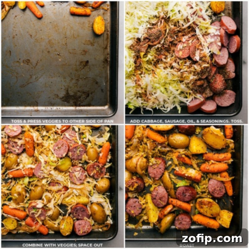The cabbage, sausage, and remaining spices are added to the sheet pan for the second stage of roasting, ensuring all components are perfectly cooked and flavorful. Process shot of cabbage, sliced smoked sausage, and olive oil being tossed with remaining seasonings on the sheet pan with partially roasted vegetables.