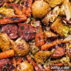 Sausage, Cabbage, and Potato One Pan Dinner 2 A close-up of the delicious One-Pan Cabbage, Potatoes, and Sausage, freshly roasted and ready to eat.