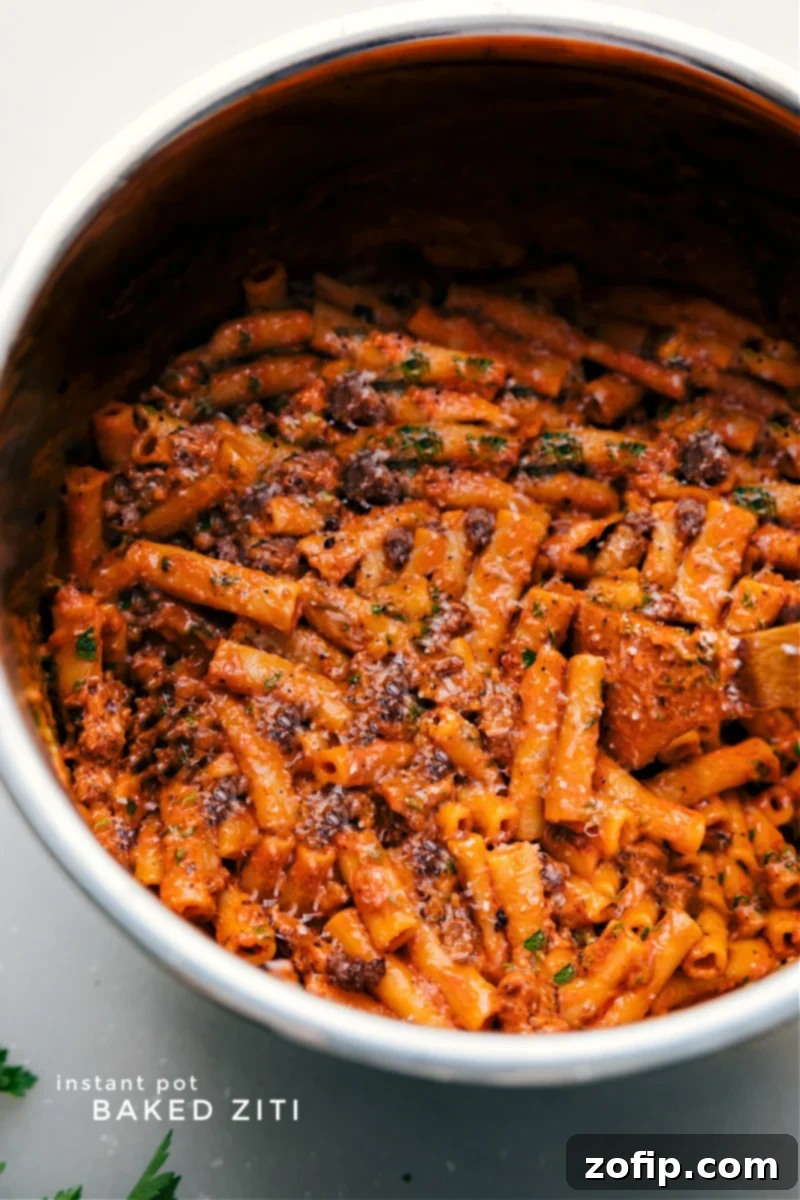 Overhead image of the Instant Pot Baked Ziti, still in the pot