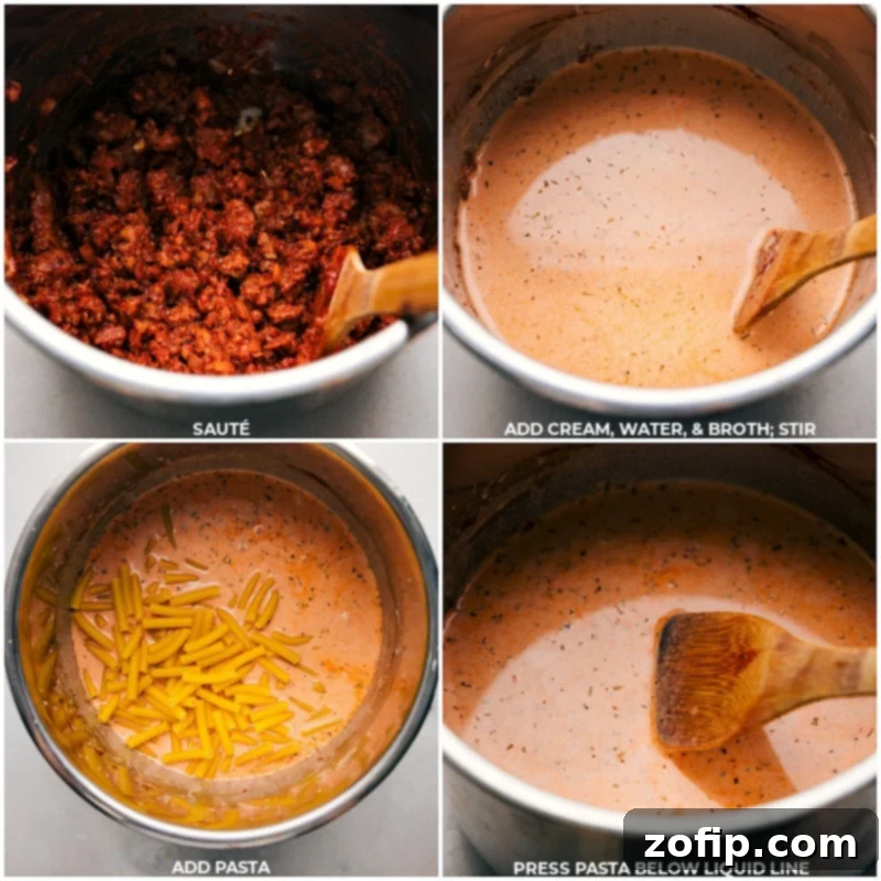 Process shots-- images of the cream, water, broth, and pasta being added to the pot