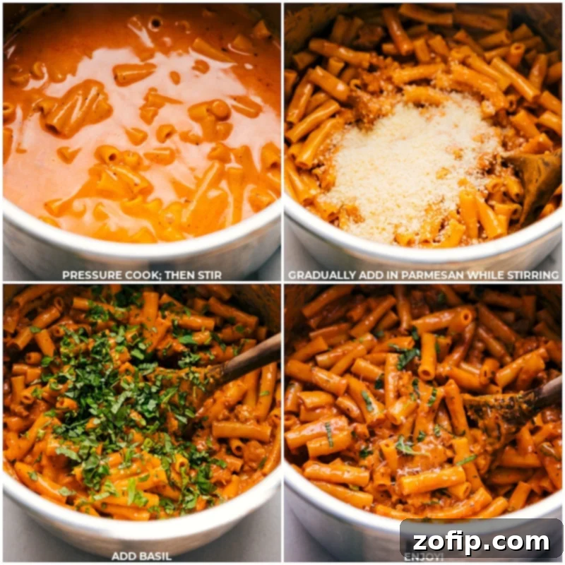 Process shots of Instant Pot Baked Ziti-- images of the dish being pressured cooked then Parmesan and basil being added in