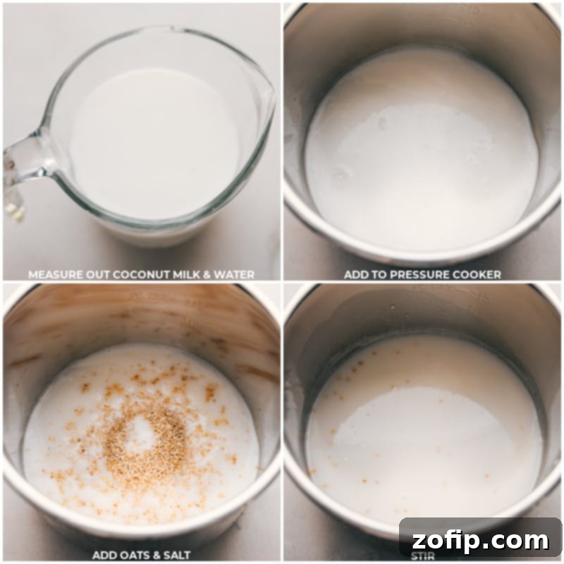Step-by-step images showing coconut milk, water, steel-cut oats, and salt being added to an Instant Pot for oatmeal.
