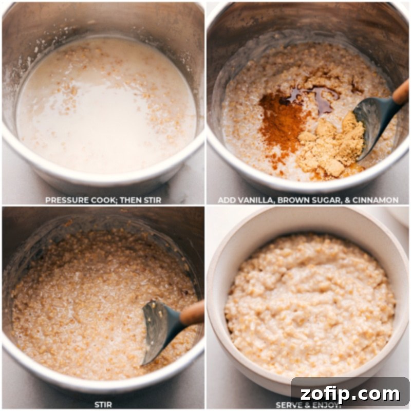 Images showing Instant Pot oatmeal after cooking, with vanilla, brown sugar, and cinnamon being stirred in for flavor.
