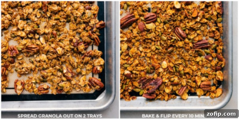 Close-up image of freshly baked Pumpkin Granola cooling on a baking sheet, golden and clumpy