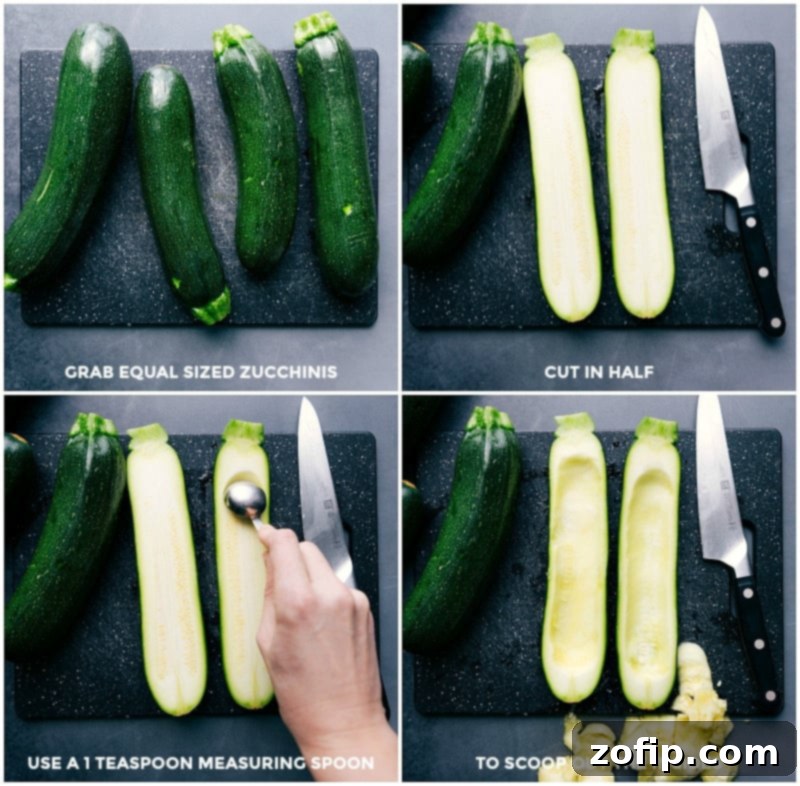 Preparation Steps for Zucchini Boats: Selecting, Cutting, and Scooping Select similar-sized zucchini; cut each in half lengthwise; scoop out the seeds and most of the flesh with a small measuring spoon.
