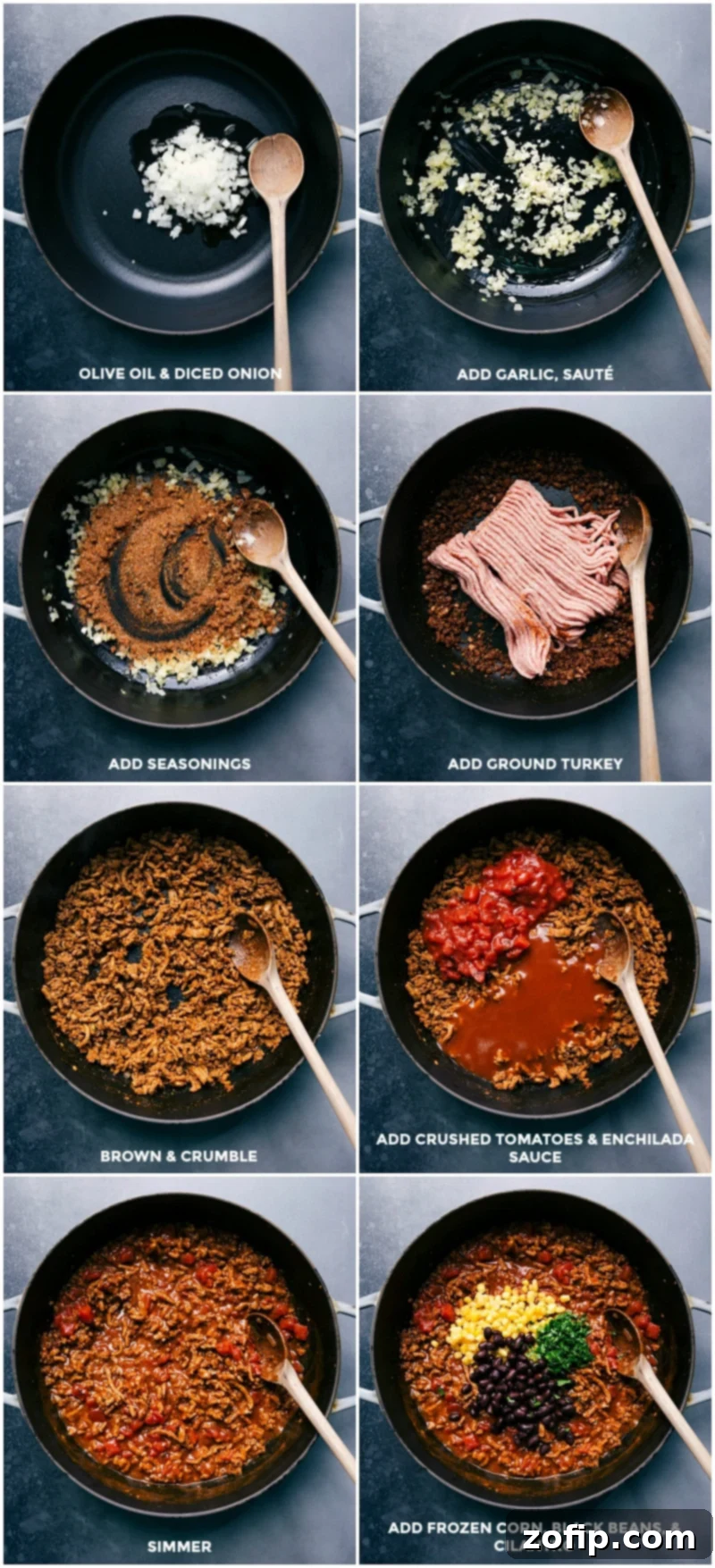 Preparing Turkey Filling for the Mexican Zucchini Boat Brown onion in olive oil; add garlic; continue sautéing and add seasonings and ground turkey; add in crushed tomatoes and enchilada sauce; simmer to blend flavors; add corn, black beans and cilantro.