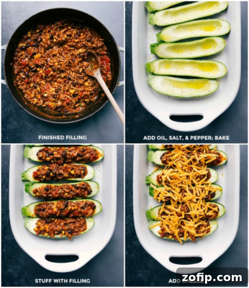 Filling Zucchini Boats with Ground Turkey Mixture and Cheese, Baking Mexican zucchini burrito boats filled with seasoned ground turkey mixture and cheese, baked to perfection.