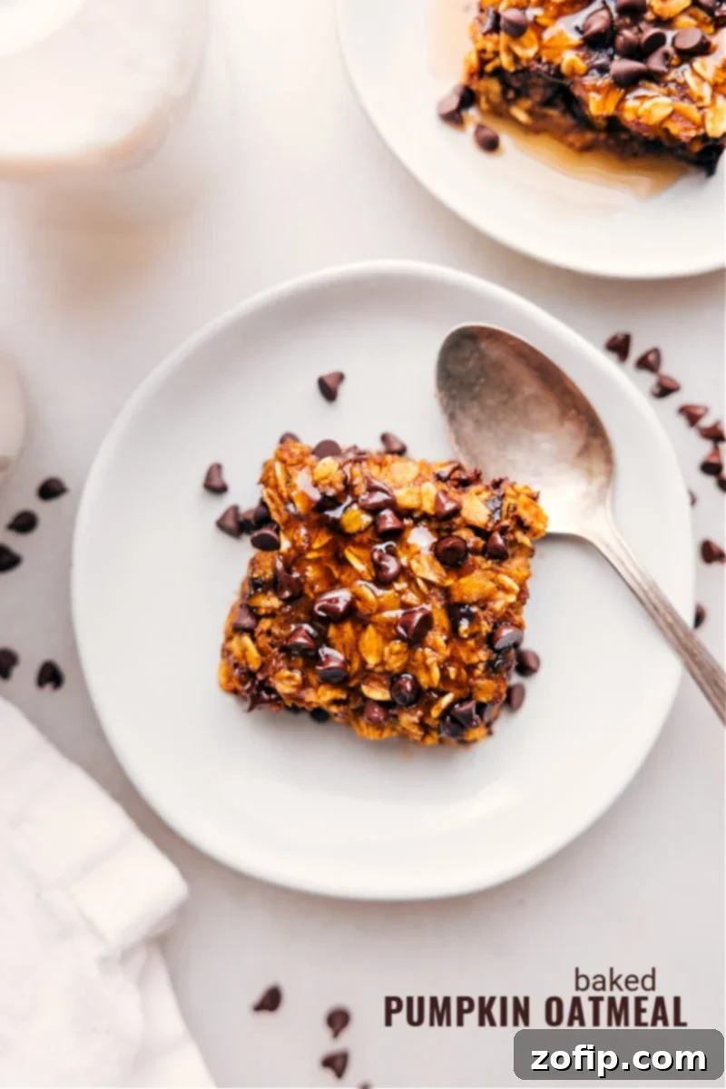 Overhead image of a beautifully baked Pumpkin Baked Oatmeal, with a golden-brown top, ready to be served in square slices.