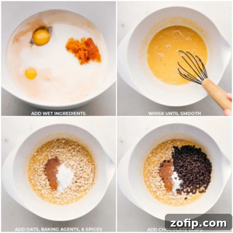 A sequence of preparation images for Pumpkin Baked Oatmeal, showing wet ingredients being whisked, dry ingredients added, and the combined batter poured into a baking pan.