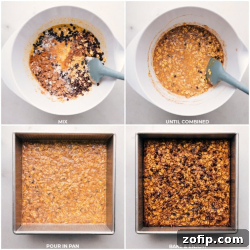 A series of process shots showing the Pumpkin Baked Oatmeal mixture being blended, poured into the pan, and finally, the finished, golden-brown baked oatmeal.