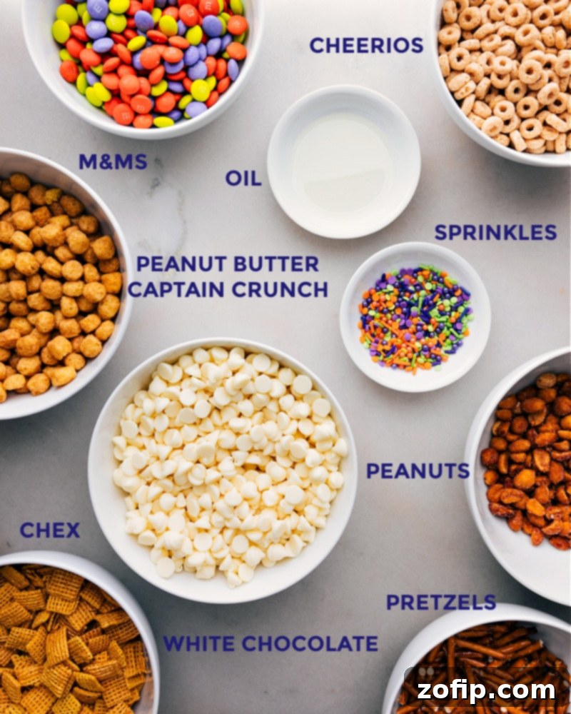 Essential Ingredients for Monster Munch Halloween Snack Mix All the ingredients for this Monster Munch recipe prepped out for easy assembly, including various cereals, oil, festive sprinkles, peanuts, and M&M's.