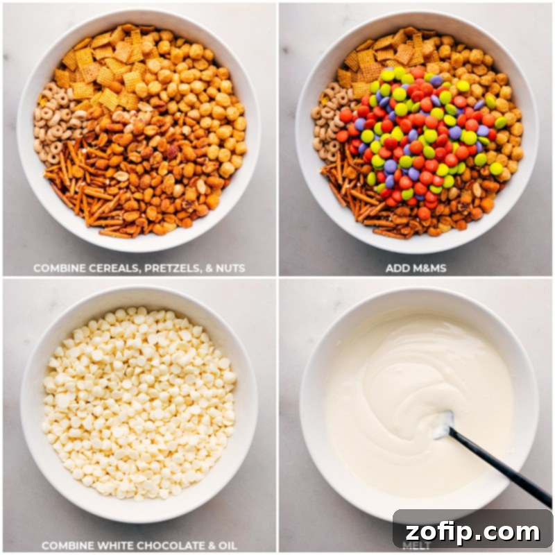 Step-by-Step Guide: How To Make Monster Munch Combine various cereals, pretzels, and nuts in a large bowl; add M&M's; melt white chocolate and oil to create a smooth mixture; then coat the snack mix.