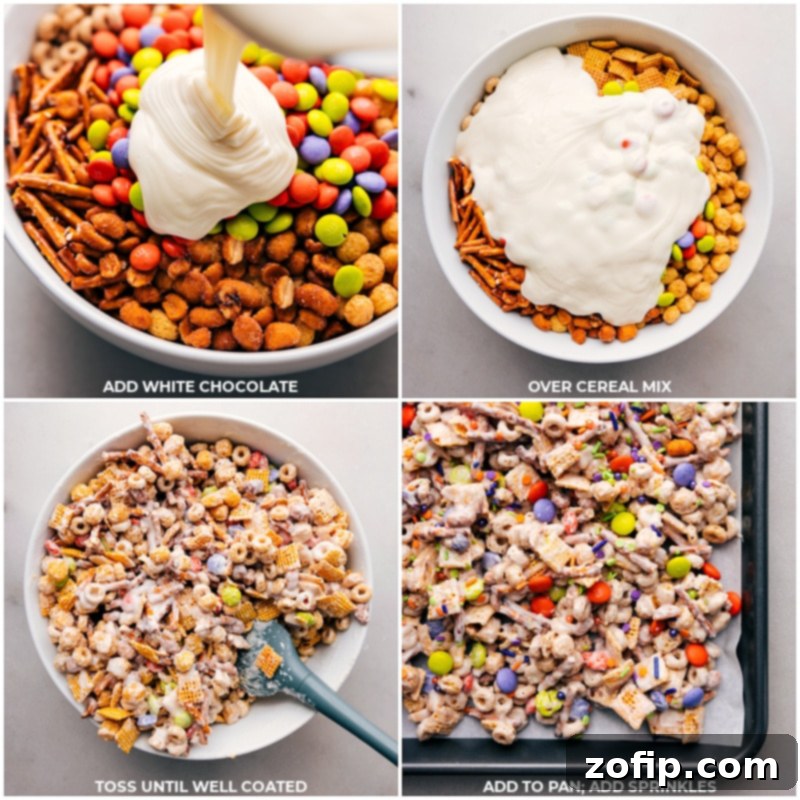 Perfect White Chocolate Covered Monster Munch for Halloween Add creamy white chocolate to the crunchy snack mix; toss until well coated; spread onto a pan; then generously top with festive sprinkles.