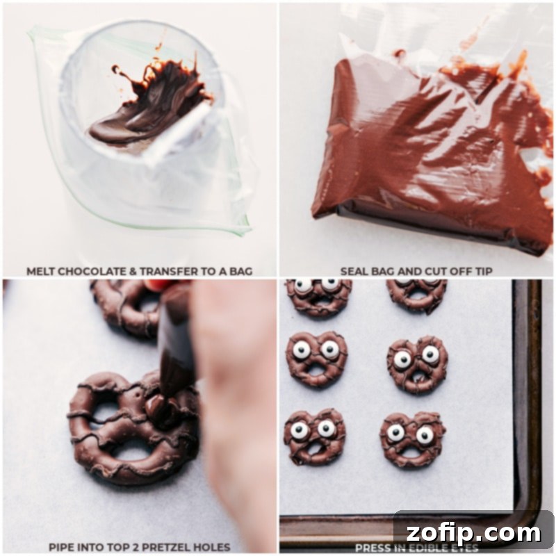 Process shots showing how to make the pretzel goblins: Melt chocolate, transfer to a plastic bag, snip the tip, pipe chocolate onto pretzels, and add edible eyes.