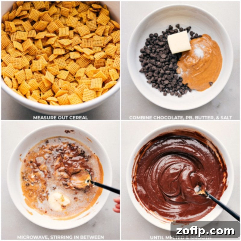 Process shots showing Goblin Goodies (Halloween Muddy Buddies) preparation: Measuring Chex cereal, combining chocolate, peanut butter, and salt in a bowl, then microwaving and stirring to melt until smooth.