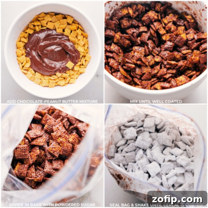 Process shots of Goblin Goodies (Halloween Muddy Buddies): Adding chocolate-peanut butter mixture to Chex cereal, mixing well, dividing into bags with powdered sugar, sealing, and shaking until coated.