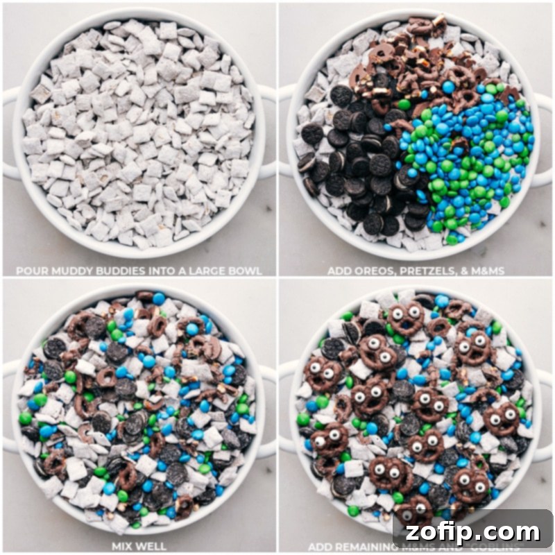 Process shots Goblin Goodies (Halloween Muddy Buddies): Pouring coated cereal mix into a large bowl, adding mix-ins, mixing well, then adding remaining M&M's and the finished pretzel Goblins.
