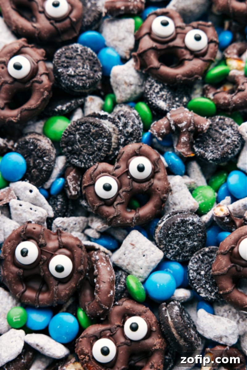 Closeup view of Goblin Goodies, showing the variety of ingredients and the playful nature of the Halloween snack.