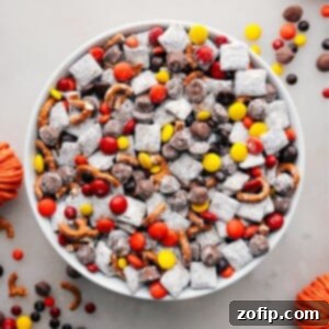 A bowl of vibrant Fall Muddy Buddies, showcasing crispy cereal coated in chocolate and powdered sugar, richly complemented by autumn-themed candies and salty pretzels.