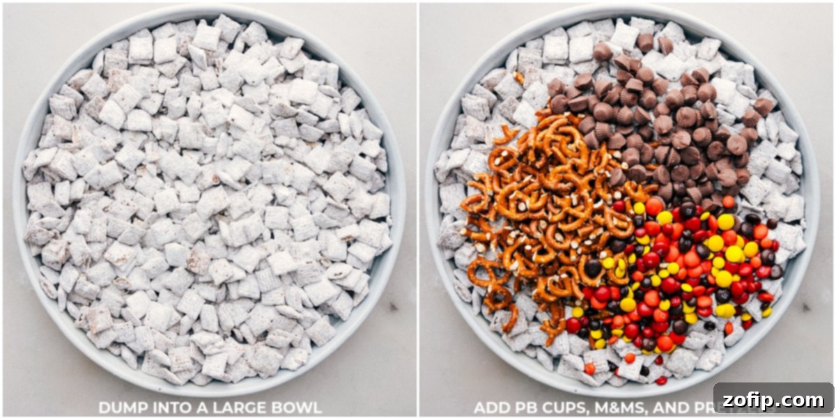 The delicious transformation of Fall Muddy Buddies, from crispy cereal perfectly coated in powdered sugar to a final festive snack enhanced with colorful M&Ms, miniature Reese's Peanut Butter Cups, and crunchy pretzels for ultimate flavor and texture.