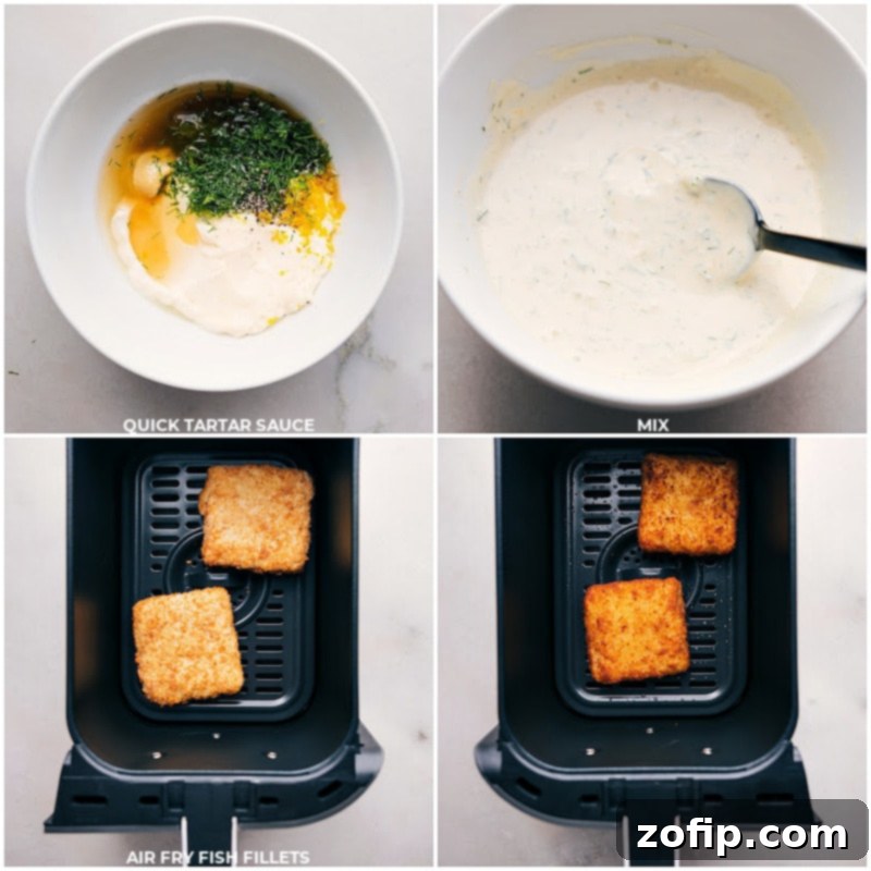 Process shots: Step-by-step images showing how to combine tartar sauce ingredients and air fry crispy fish fillets for the sandwich.