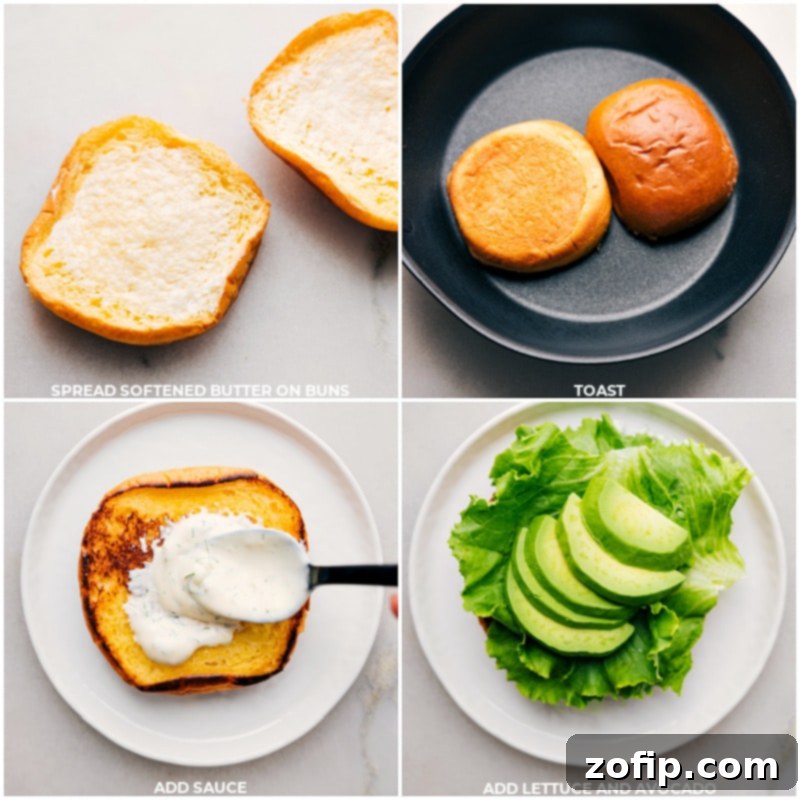 Process shots: Spreading butter on brioche buns, toasting them, and then layering with sauce, lettuce, and avocado slices.