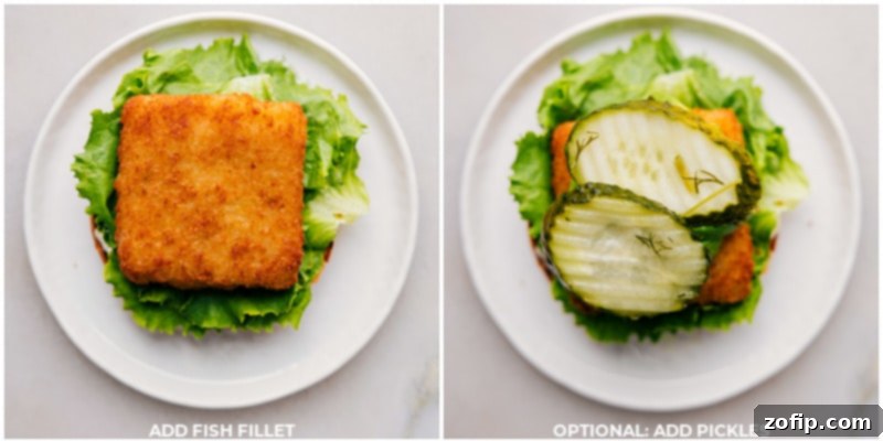 Process shots: Adding a crispy fish fillet to the toasted bun with sauce, lettuce, and avocado, then adding pickles as an optional topping.
