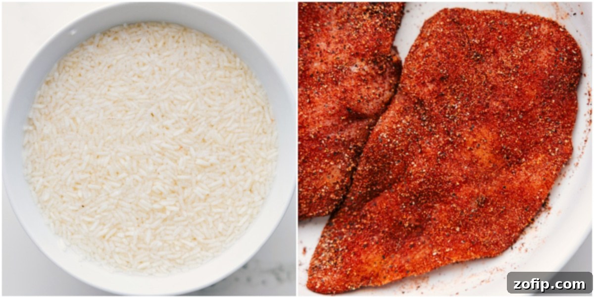 Rice being soaked and chicken rubbed in seasoning for this chicken rice foil packs.