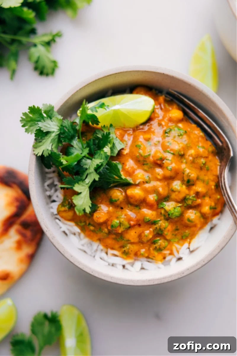 Overhead view of Creamy Pumpkin Curry served on a bed of fluffy rice, garnished with fresh cilantro.