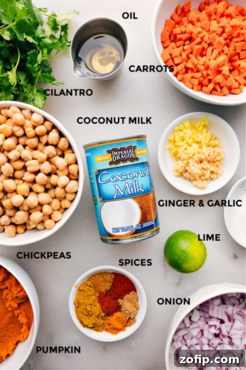 A vibrant flat lay showcasing all fresh and canned ingredients needed to prepare Pumpkin Curry, including vegetables, spices, coconut milk, and chickpeas.